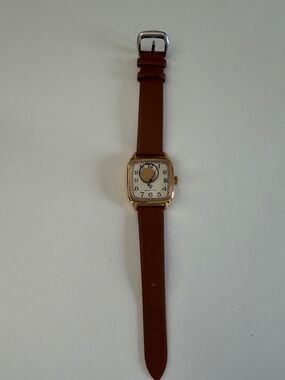 Square Gold-Tone Watch with Brown Leather Strap